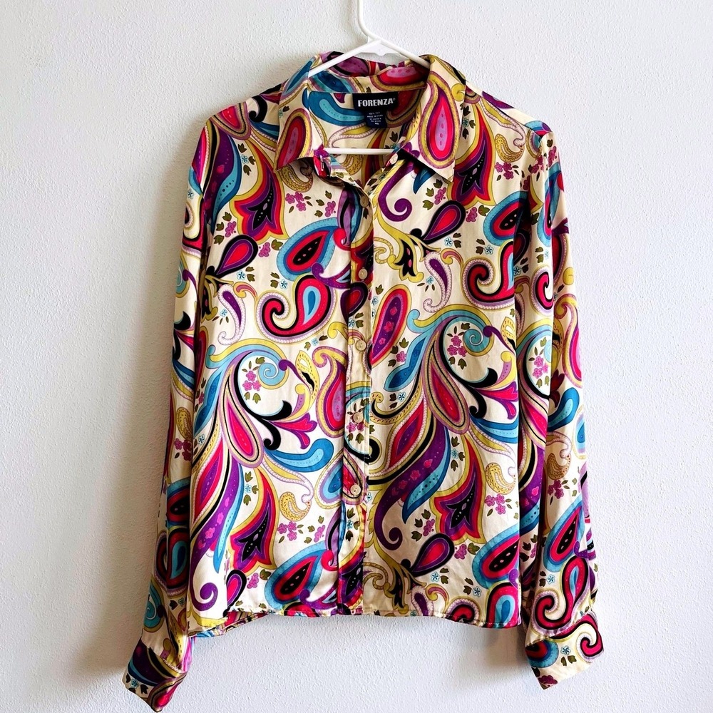 Forenza Blouse Womens 16 Multicolor Paisley Silk Button Front Long Sleeve Top